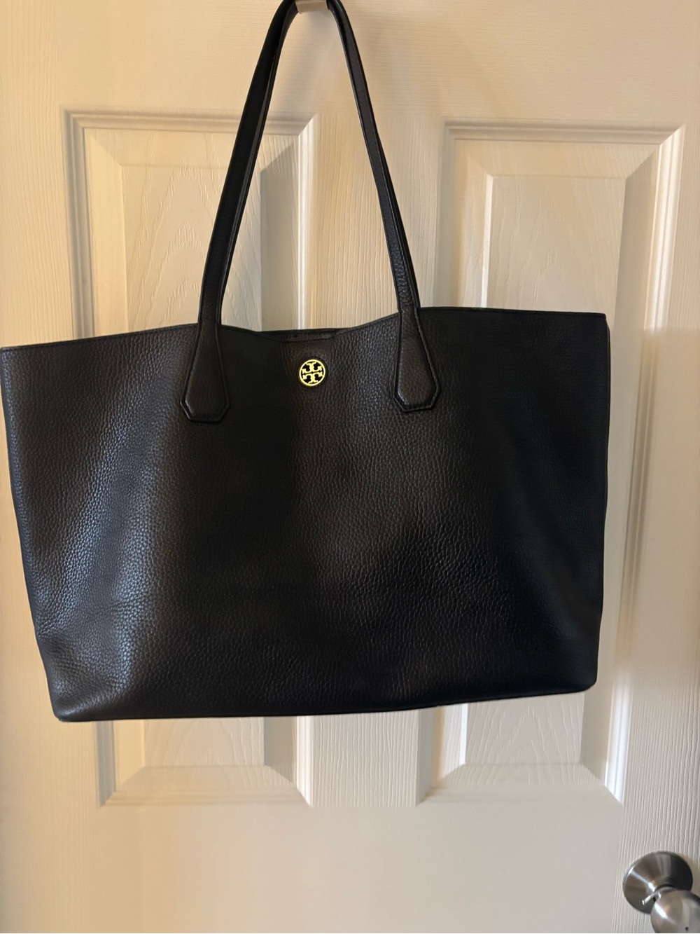 Tory Burch Black Pebbled Leather Tote with Gold Logo